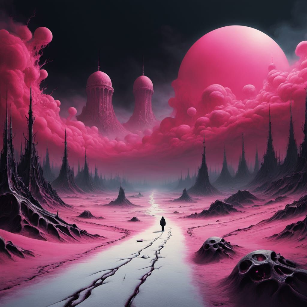 Surreal Pink Valley Landscape in Hyper-Realism Style