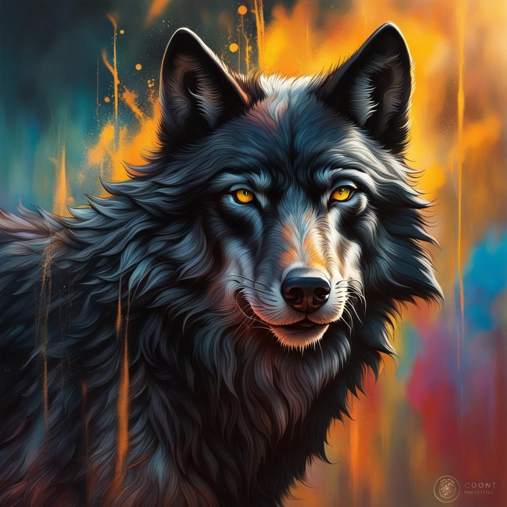 Dramatic Black Wolf in Splash Art Style