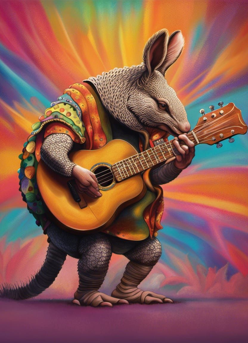 Hippie Armadillo Plays Guitar, Hyperrealistic Art