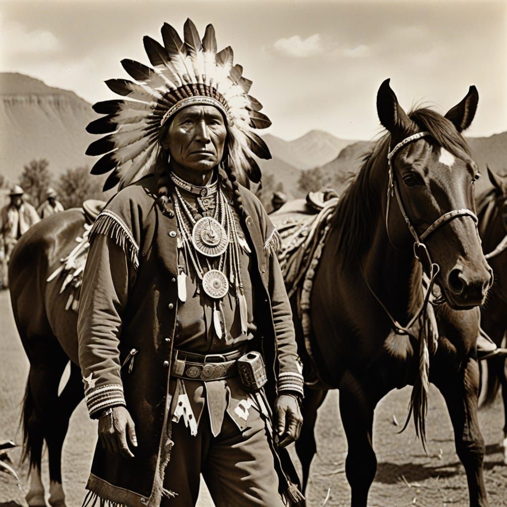 Apache Chief Stands Proudly Beside His Horse