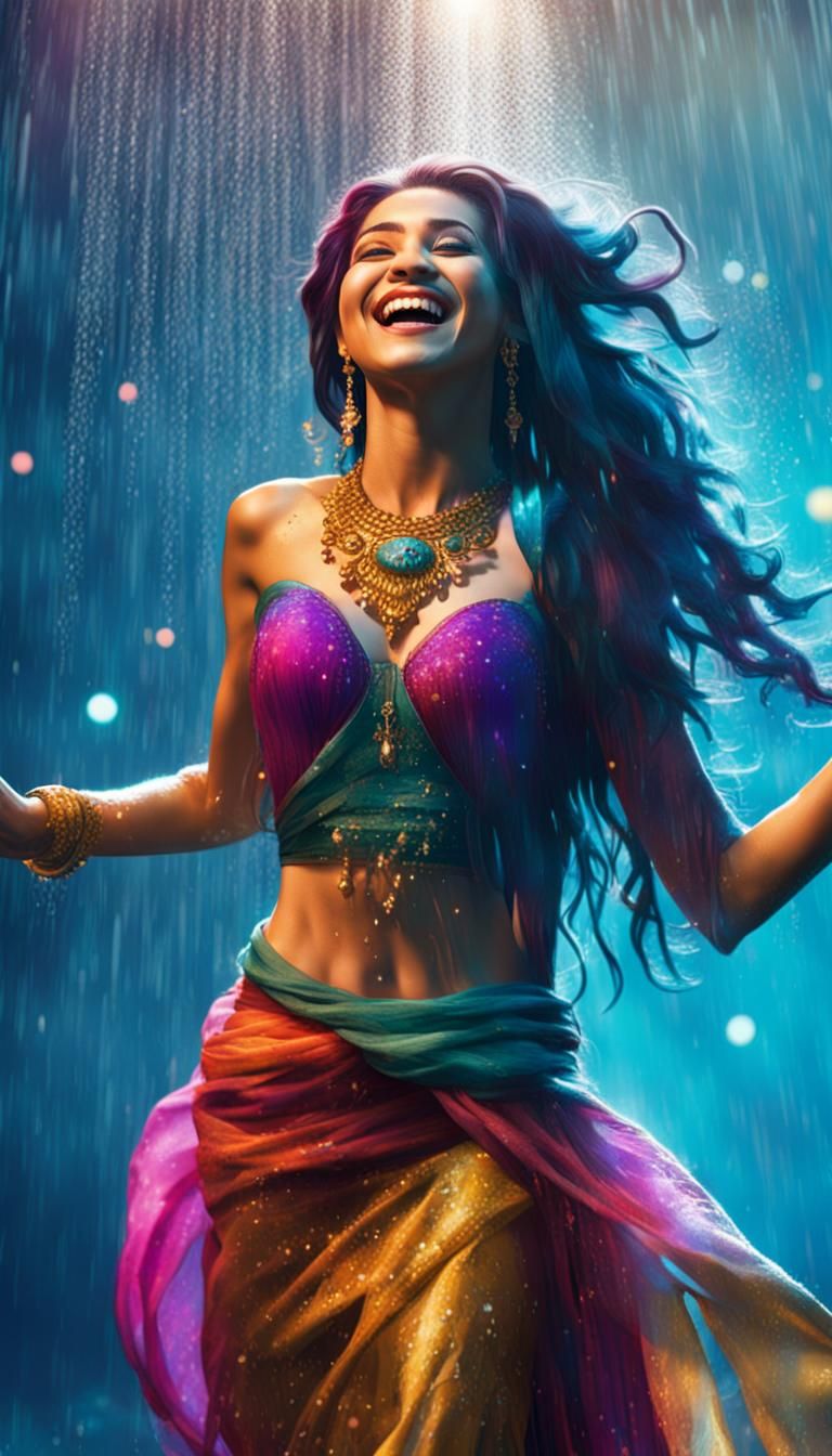 Princess Jasmine Laughing Under a Water Shower