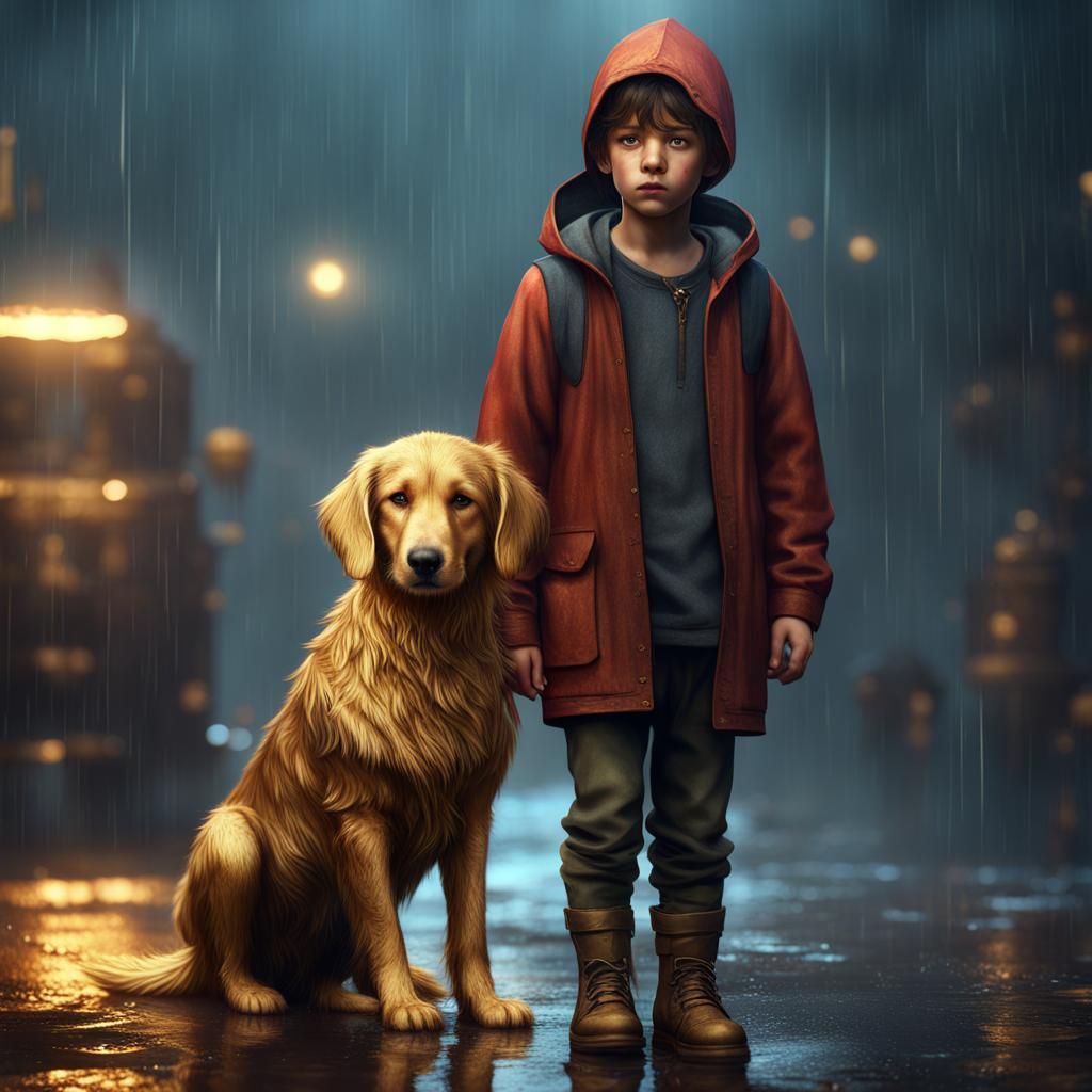 Boy and Golden Dog in Rain, Fantasy Art