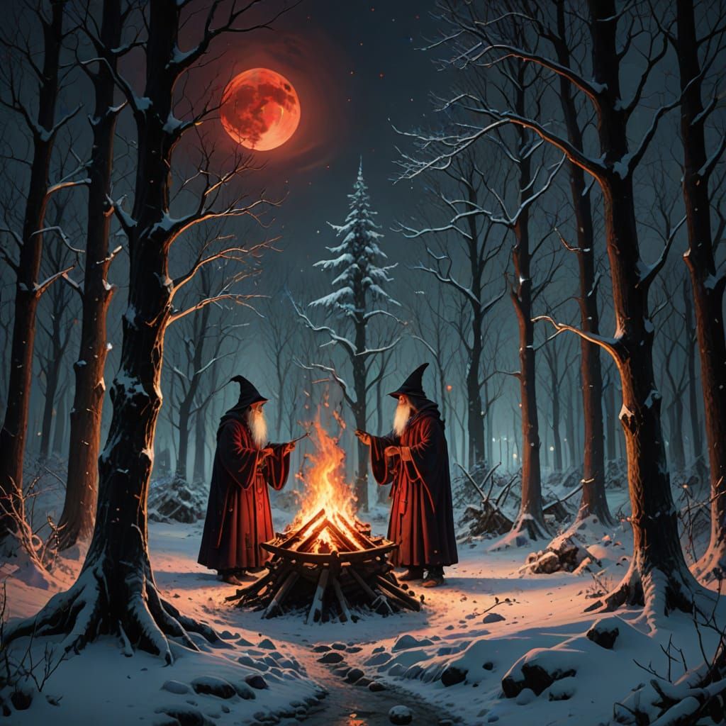Wizards Dancing Under the Red Moon in a Dark Winter Wonderla...
