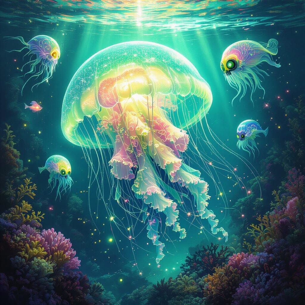 Bioluminescent Jellyfish in Cosmic Surreal Reef