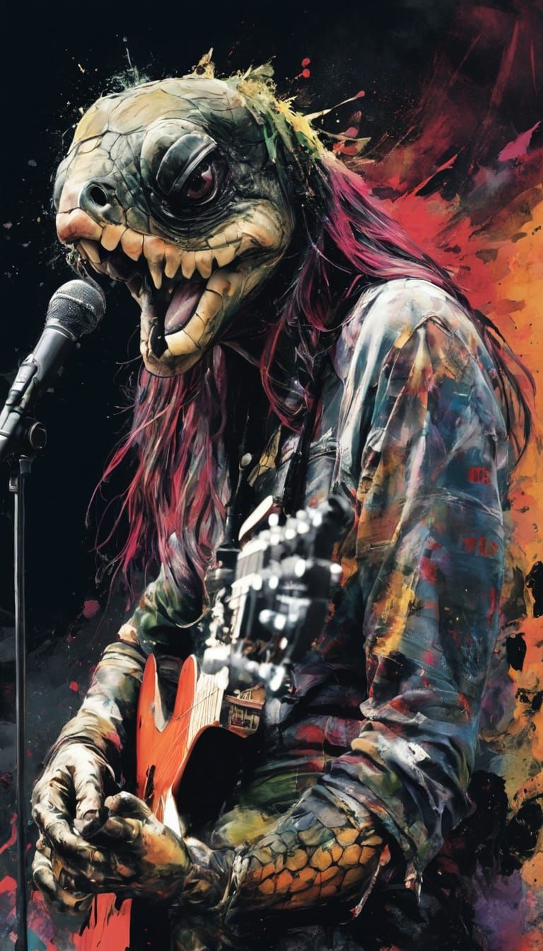 Grunge Turtle Riot Grrrl Guitarist in Maximalist Style