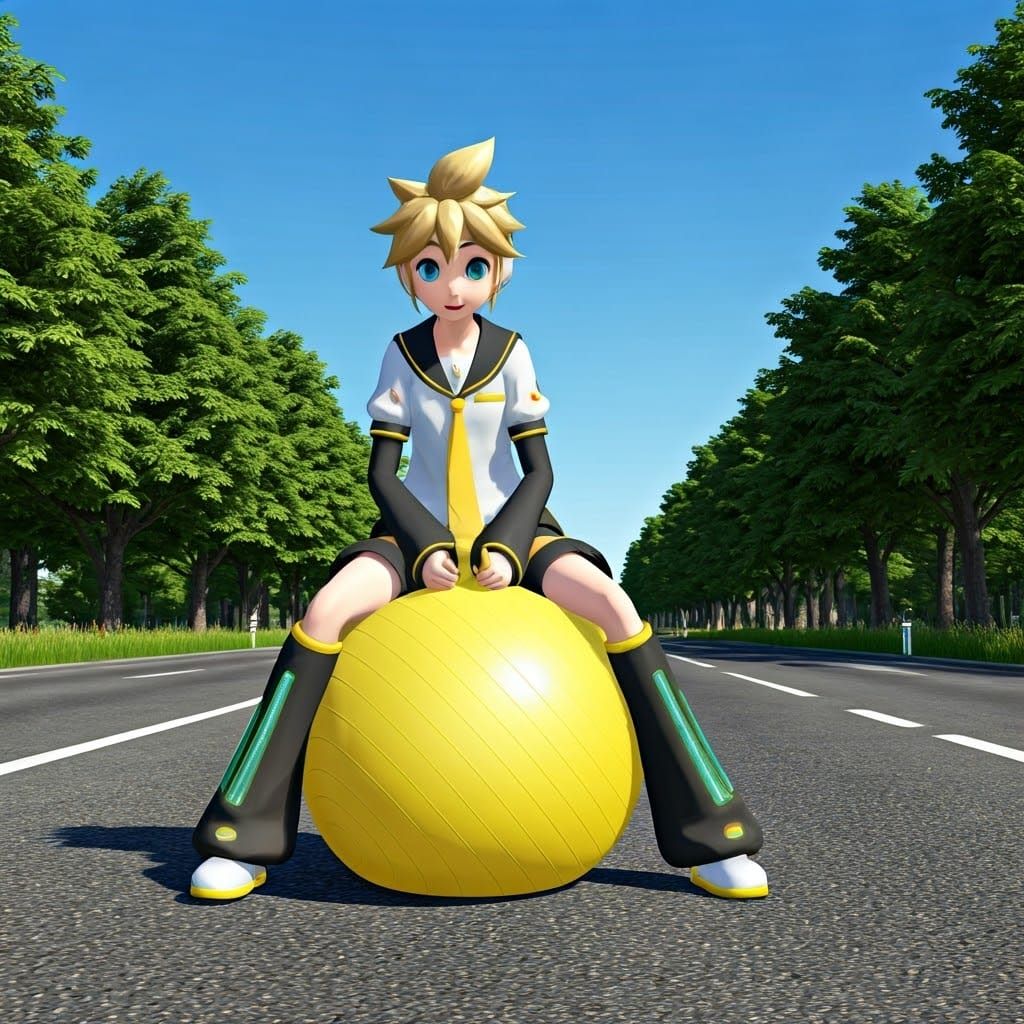 Virtual Idol Kagamine Len Bounces on a Yellow Ball Down a Ro...