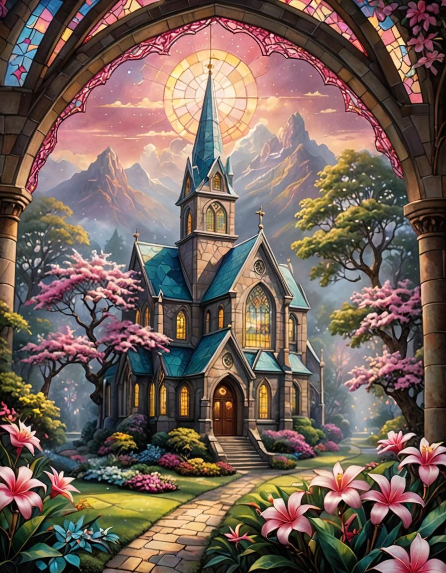 Ethereal Stained Glass Church with Pink Flowers