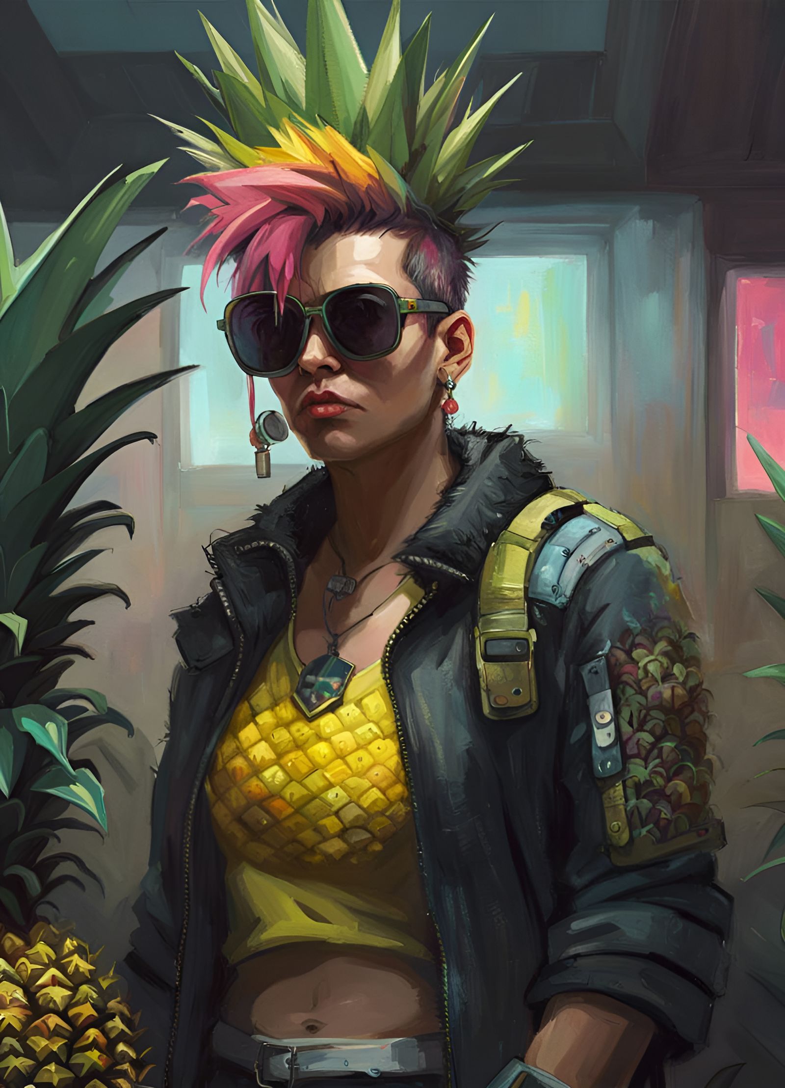 Punk Rock Pineapple Portrait in Cyberpunk Style