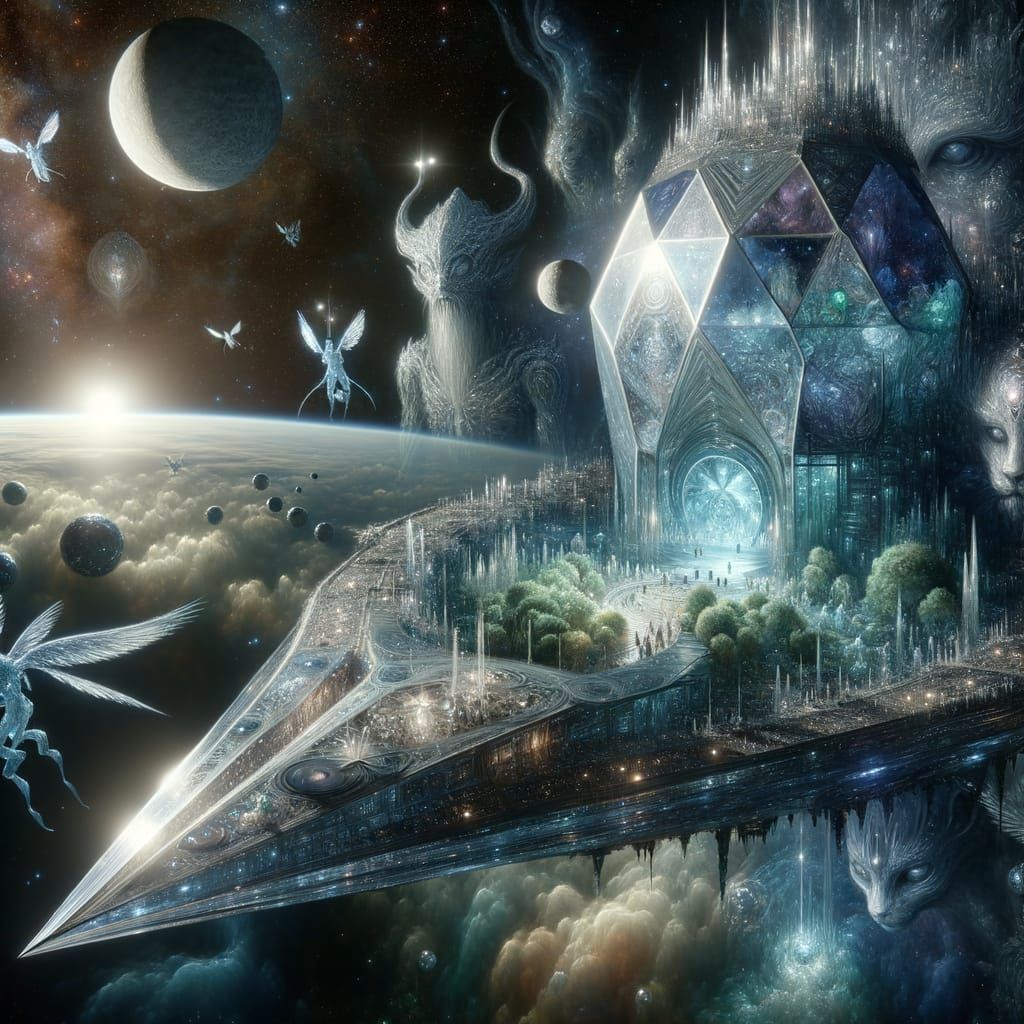 Crystal Diamond Spaceship with Mythical Creatures in Space