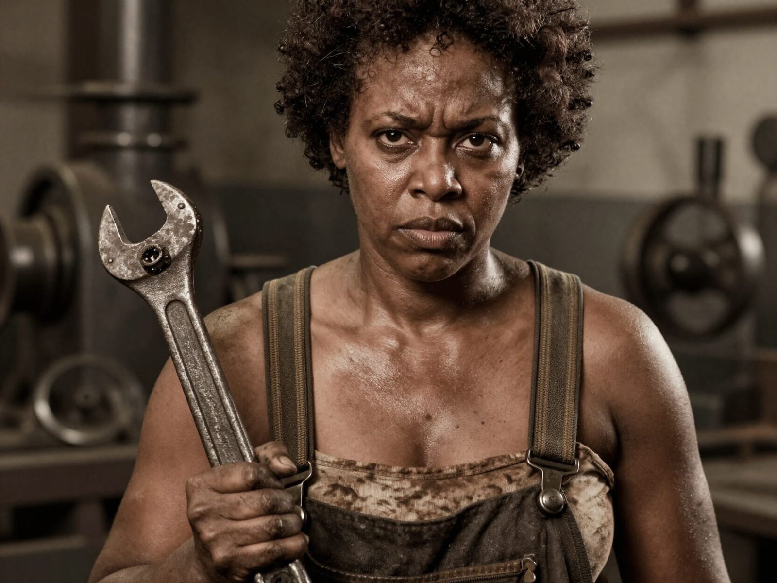 Industrial Revolution Woman Holding Wrench in Sepia Tones