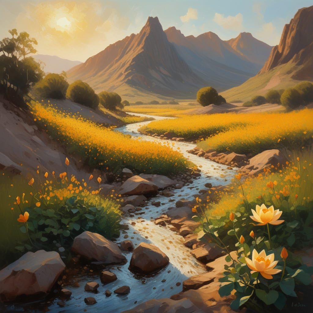 Lotos Flower Blooms Beneath Stark Mountain Peak in Oil Paint...