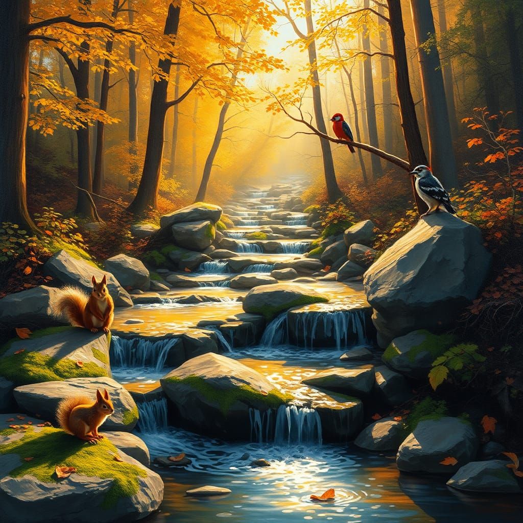 Autumn Forest Stream in Neo-Impressionist Style