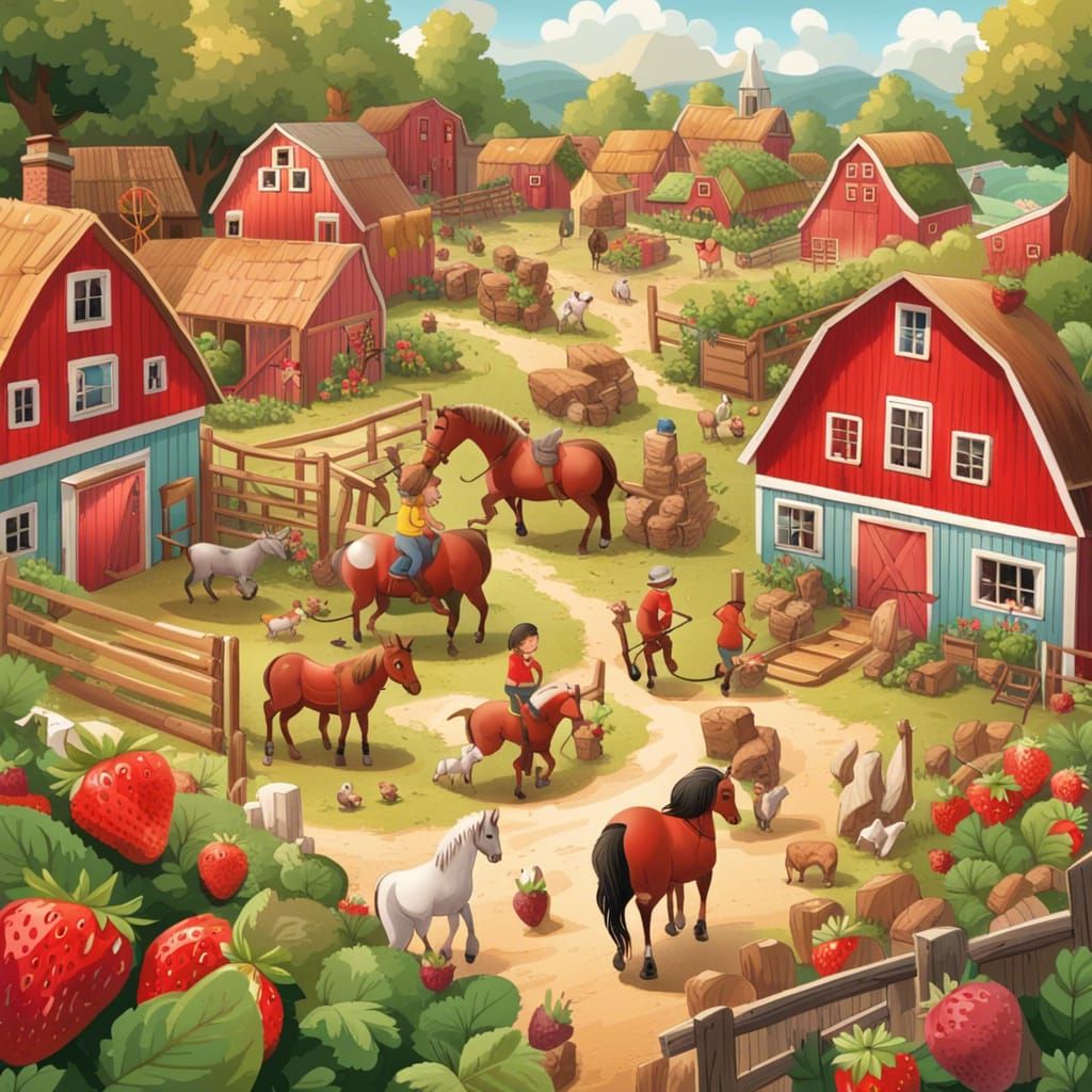Colorful Village Scene with Farm Animals and Horses