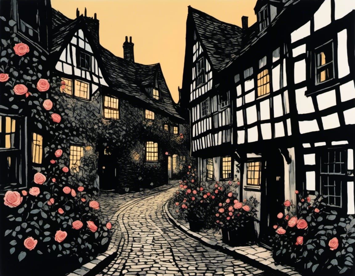 Cozy Rose-Covered Alley at Dusk in Shadow Play Style