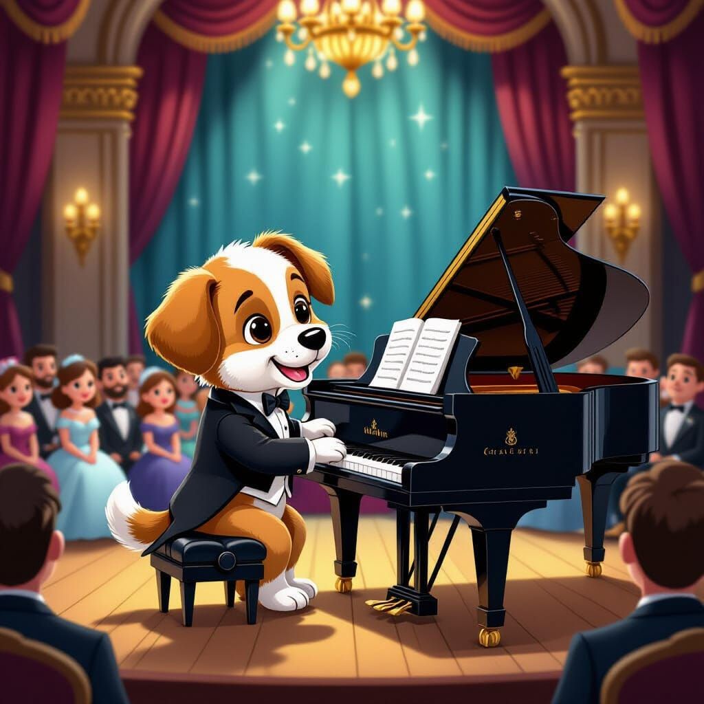 Cute Puppy in Tuxedo Plays Piano in Luxury Music Hall