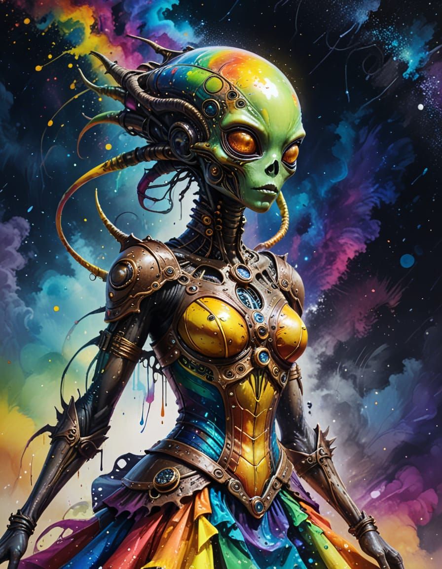 Steampunk Alien in Rainbow Dress Among Stars