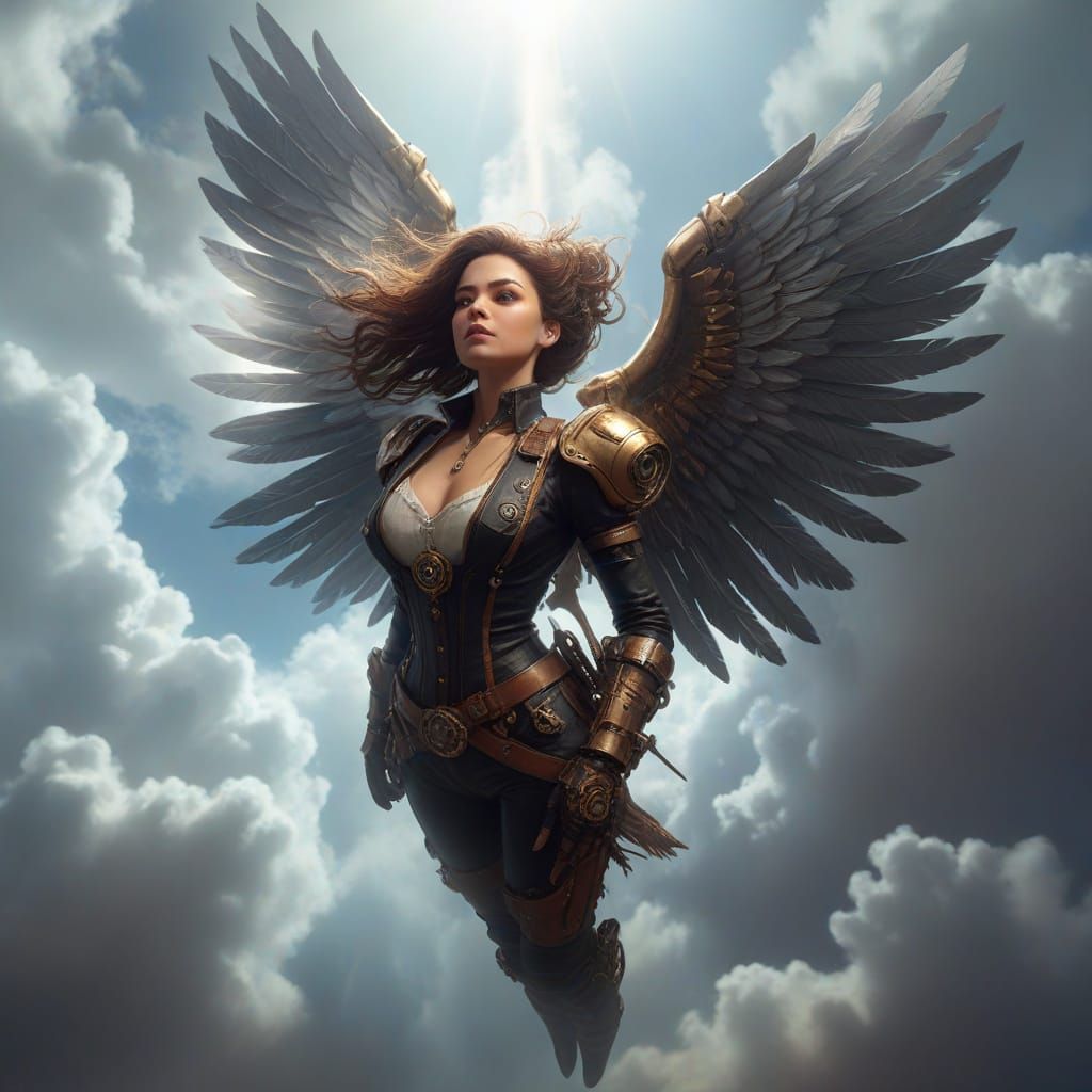 Steampunk Inventor Soaring on Mechanical Wings