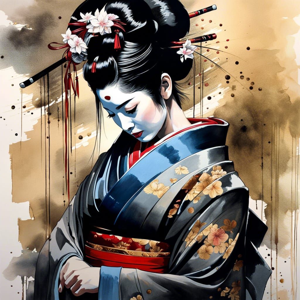 Elegant Geisha in Black Ink Flow Watercolor