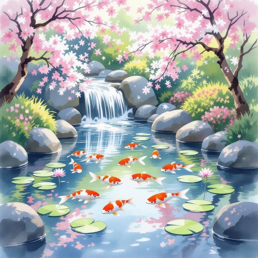 Koi Pond in Japanese Garden: Watercolor Art