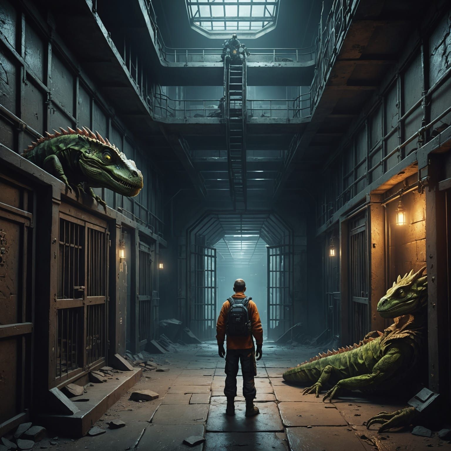 Alien Robots Guard Mine Prison Cell in Detailed Painting
