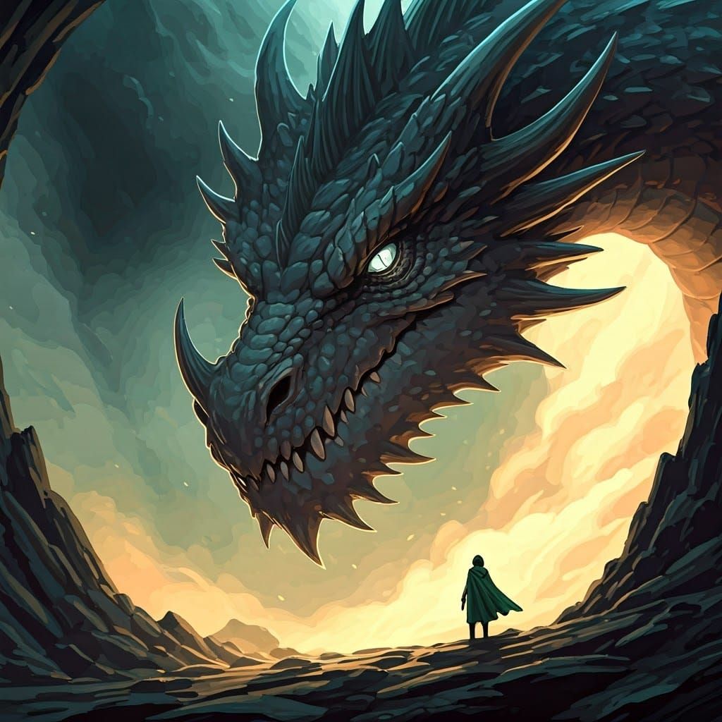 Dragon and Figure in Grungy Fantasy Realism Style