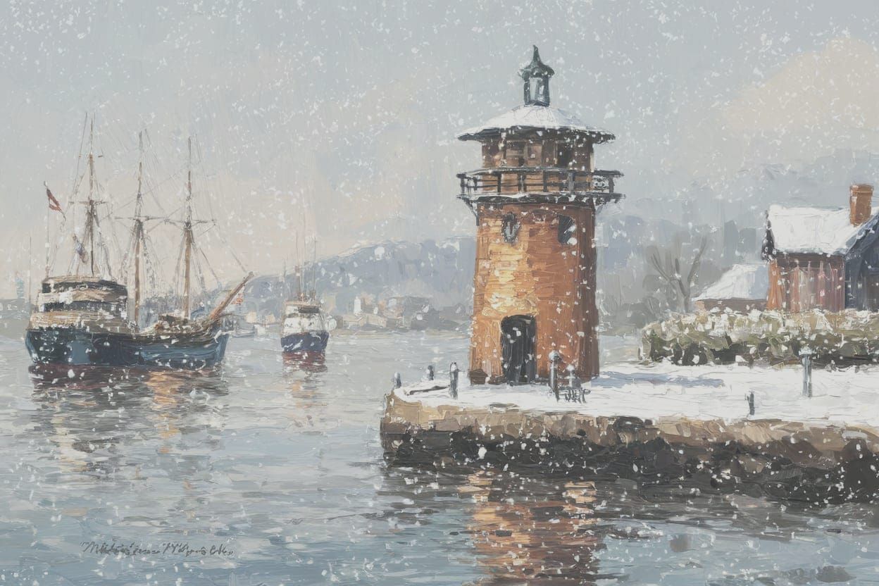 Winter Harbour Watchtower in Impasto Style