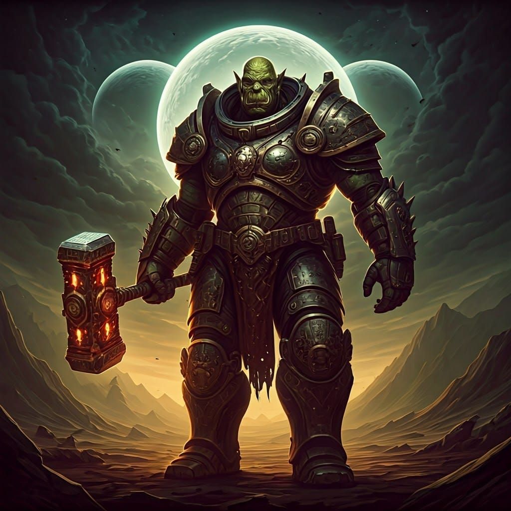 Venerable Green Orc Warrior in Space Suit Triumphs on Alien...