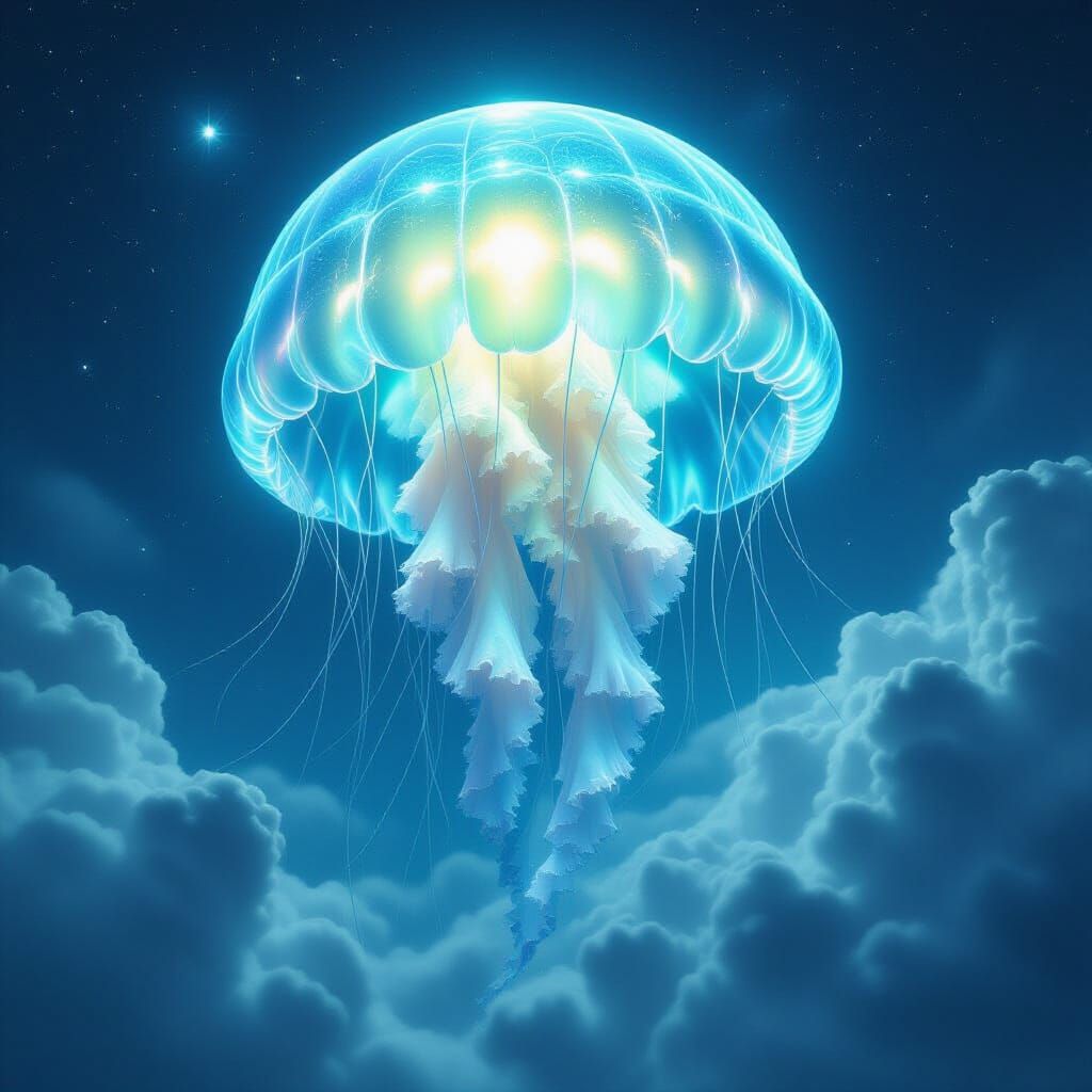 Bioluminescent Jellyfish Drifting Through a Gas Giant