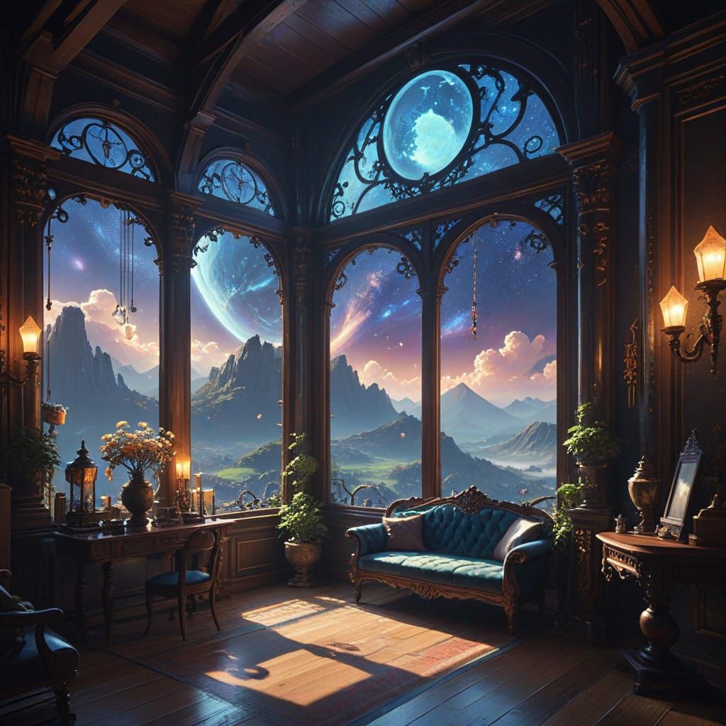 Cosmic Victorian Parlour in Anime-Inspired Fantasy Style