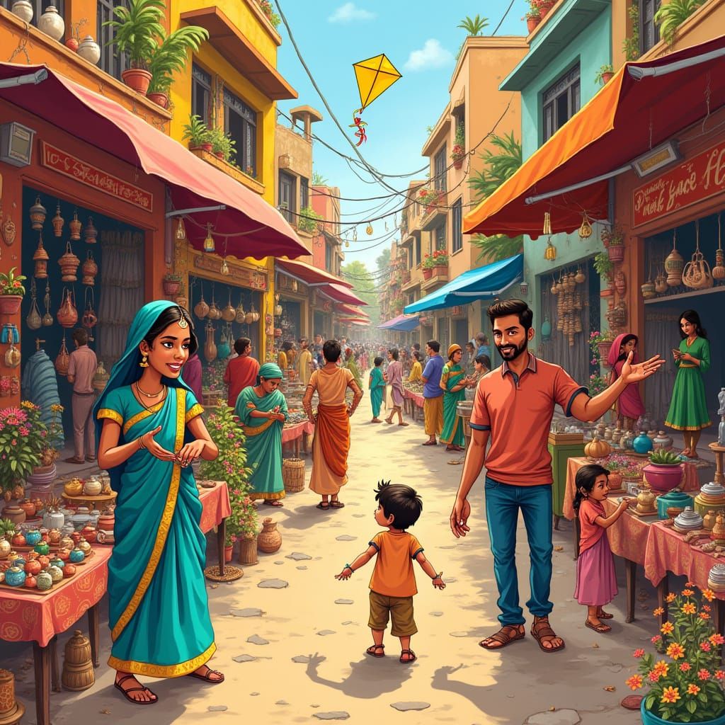 Whimsical Indian Bazaar Scene in Colorful Aesthetic