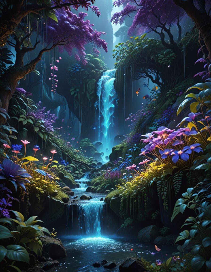 Dreamlike Watercolor Fantasy: Bioluminescent Garden with Maj...