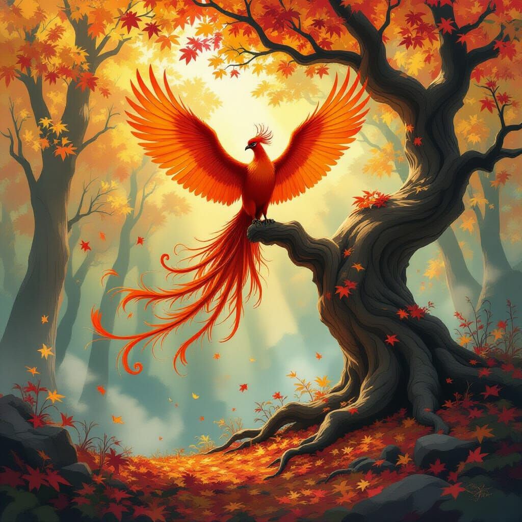Majestic Phoenix in Fiery Hues atop Ancient Tree