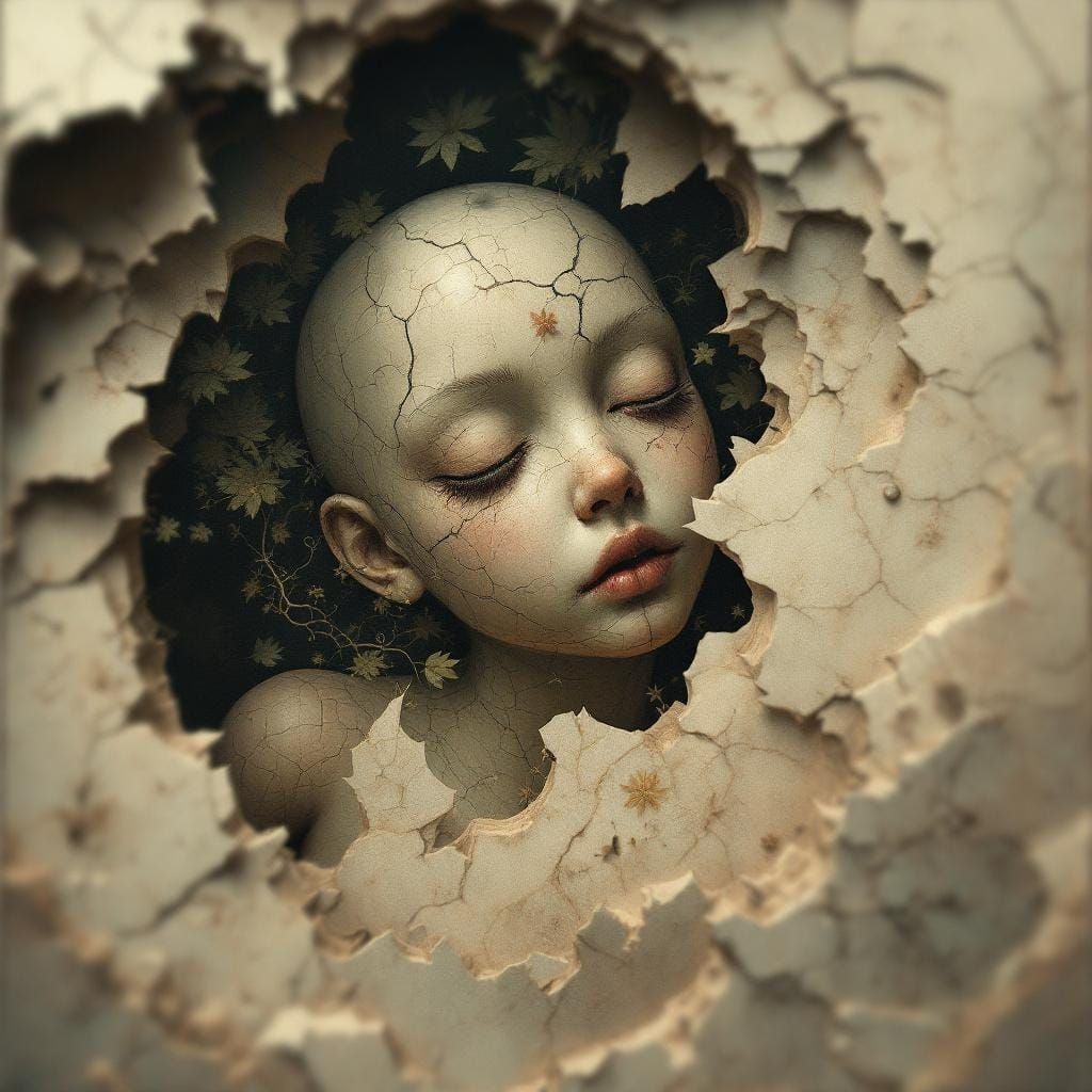 Surreal Doll Floating in Organic Architecture