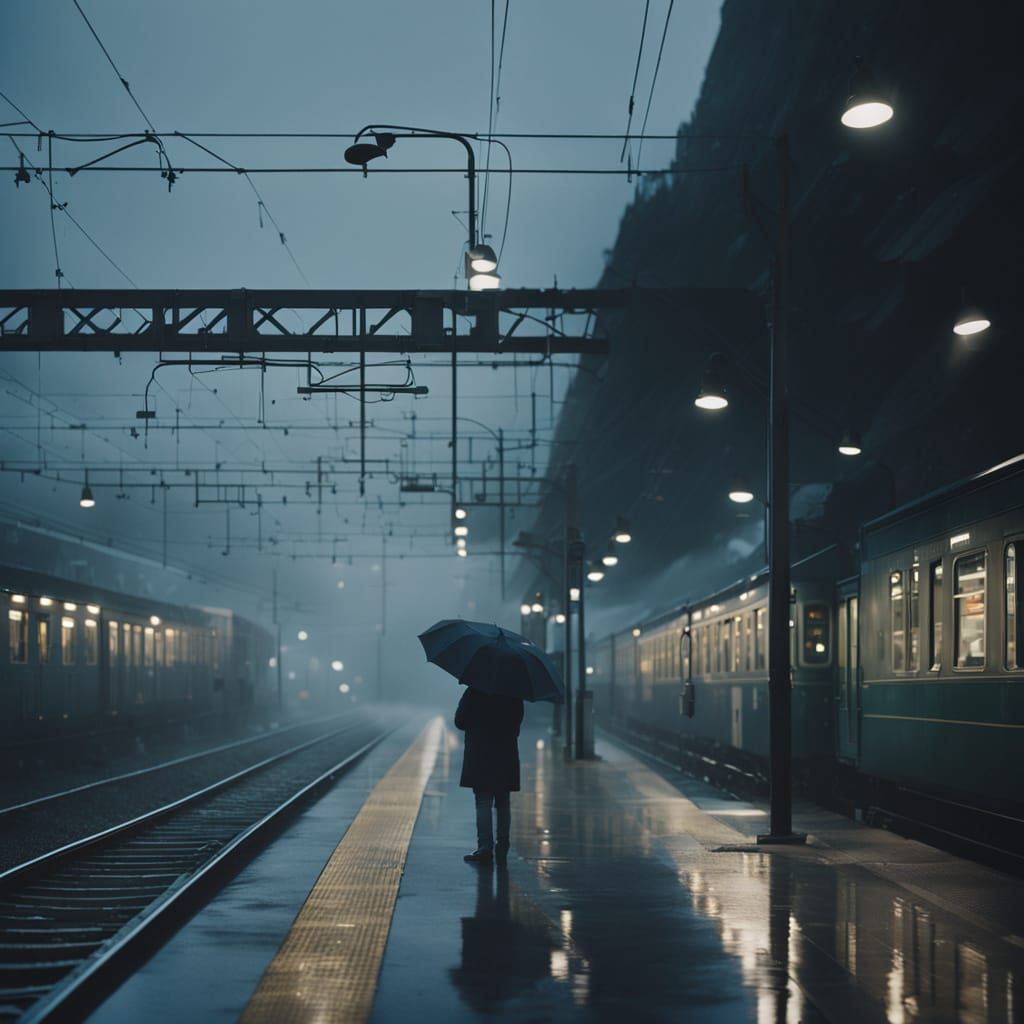 Gloomy Evening Train Station in Rainy Atmosphere