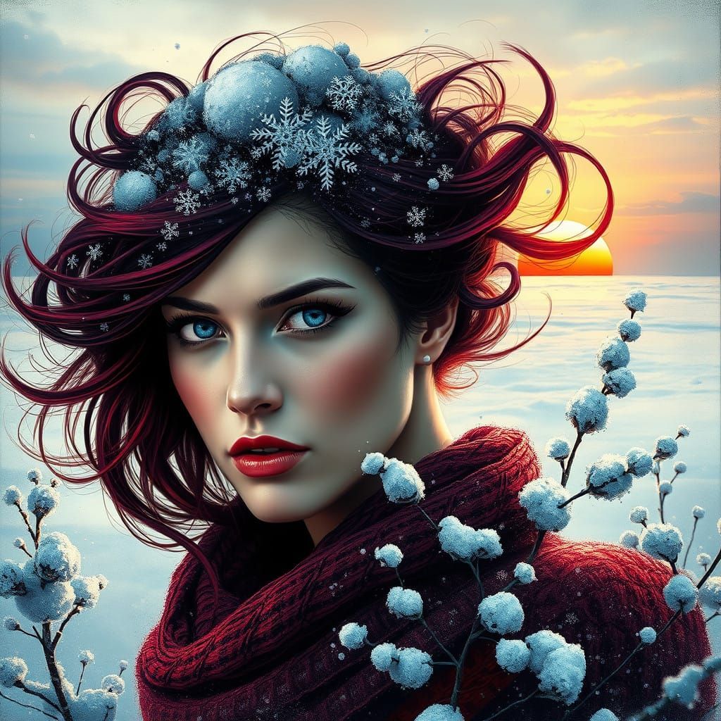 Dramatic Winter Portrait of a Woman with Swirling Snowflakes