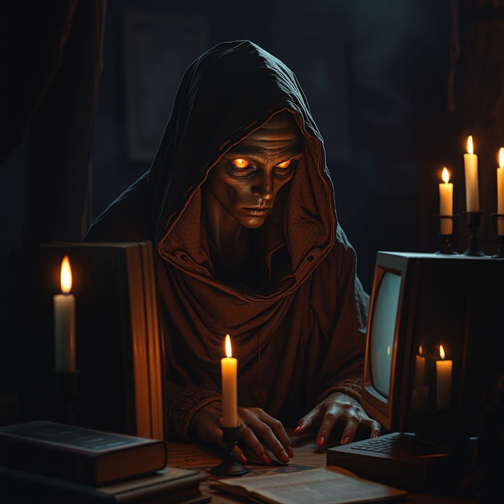 Biomechanical Entity in Cryptic, Cyberpunk Lair