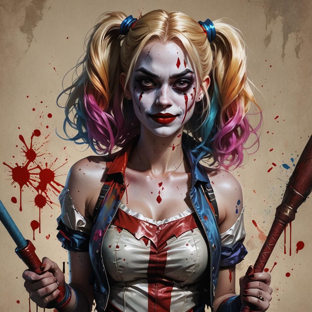 Harley Quinn Portrait with Bat, Art Nouveau Style