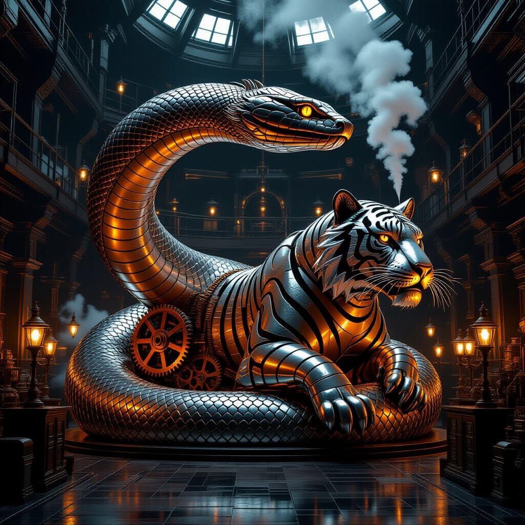 Colossal Silver Snake and Copper Tiger in Steampunk Engine R...