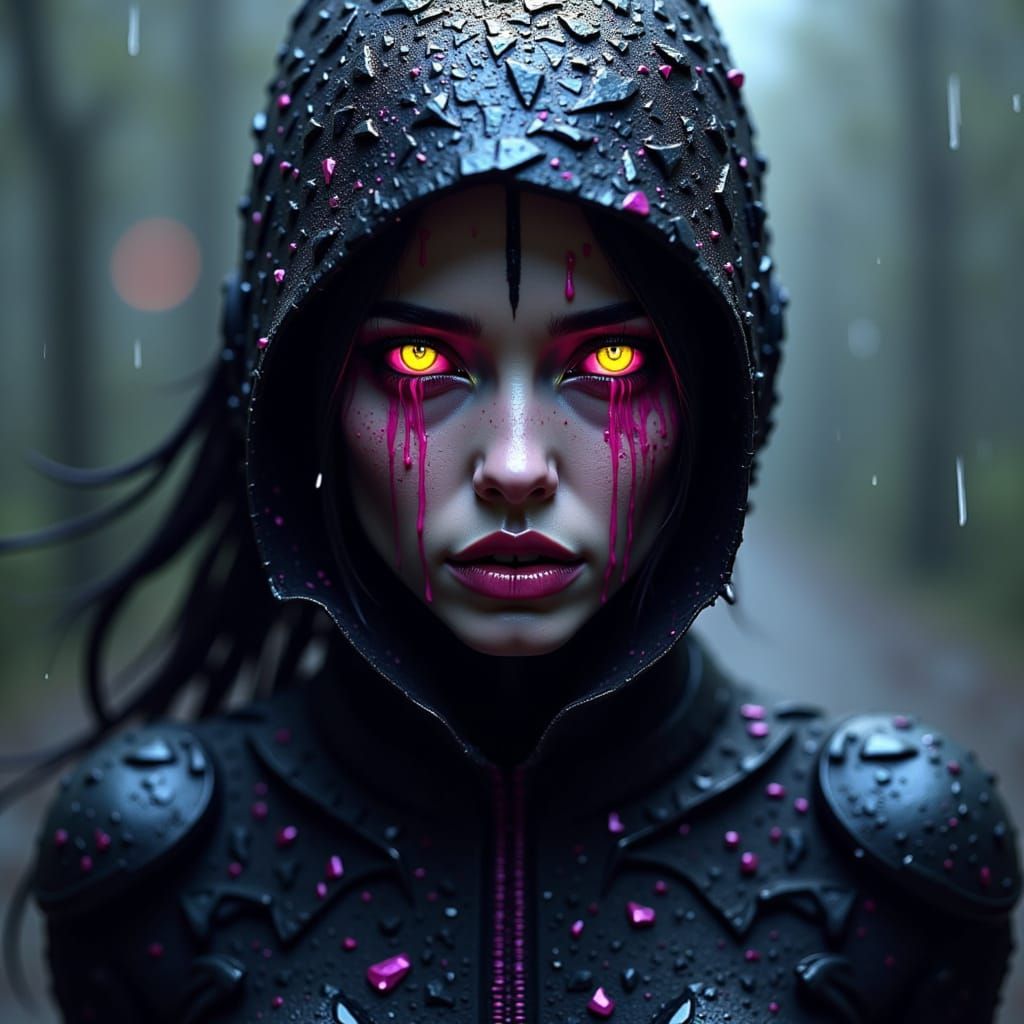 Cyborg Goddess in Neon Rainstorm