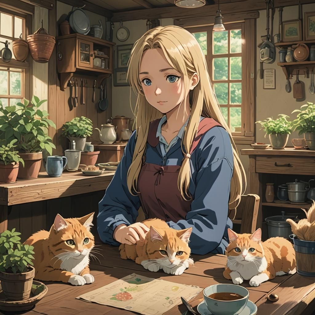 Anime Girl with Cats in Ghibli Style