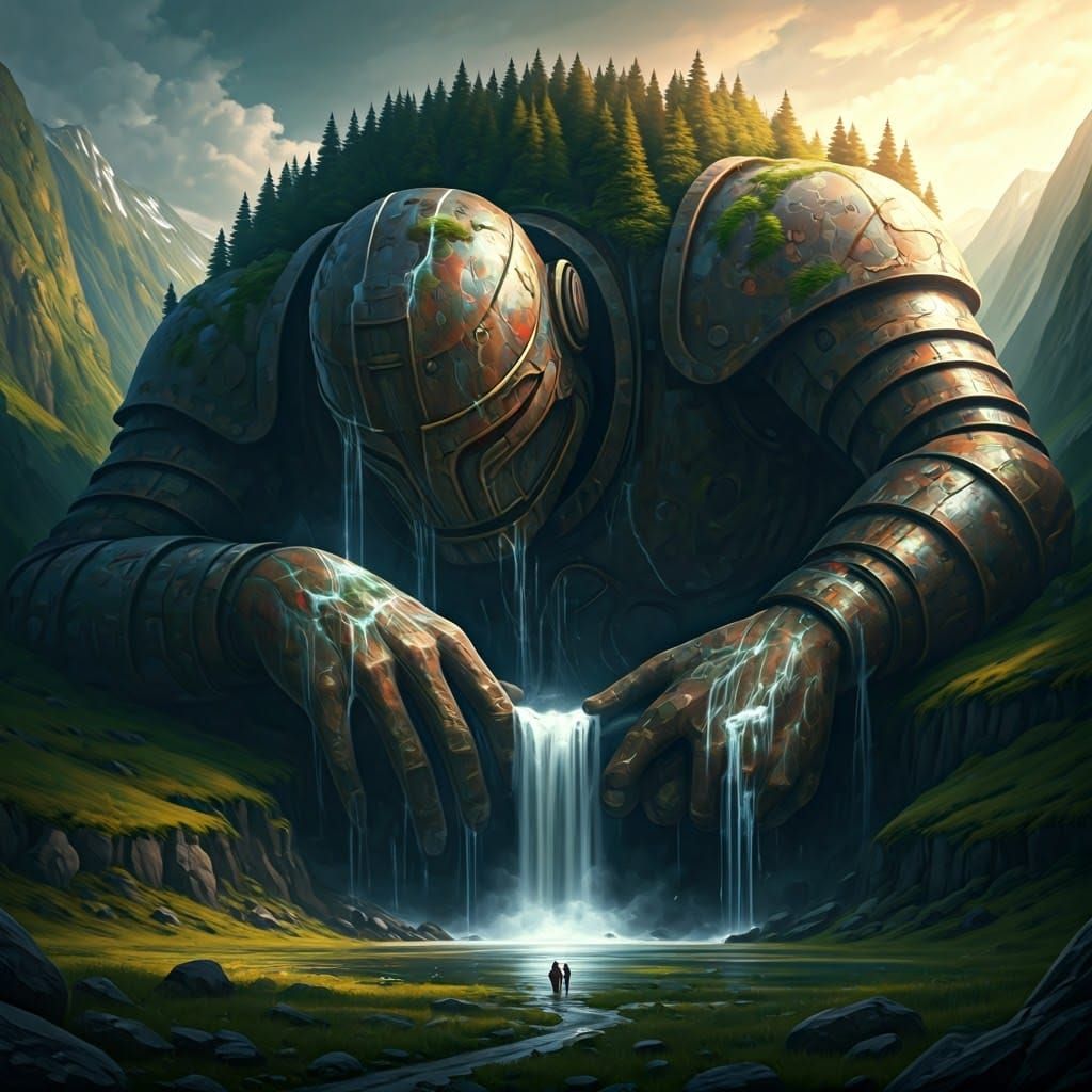 Fallen Iron Giant Landscape With Waterfall