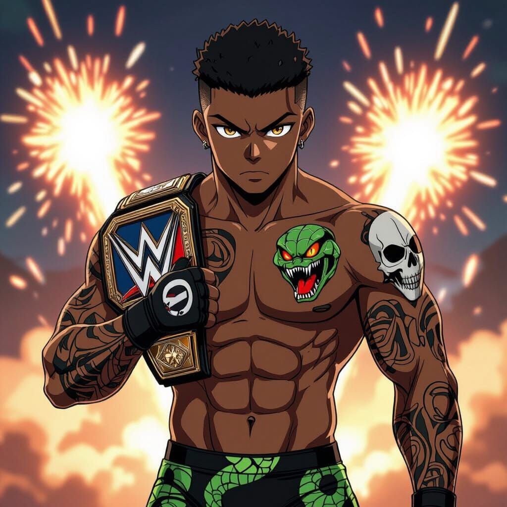 Anime Wrestler with Skeleton Tattoos & Championship Belt