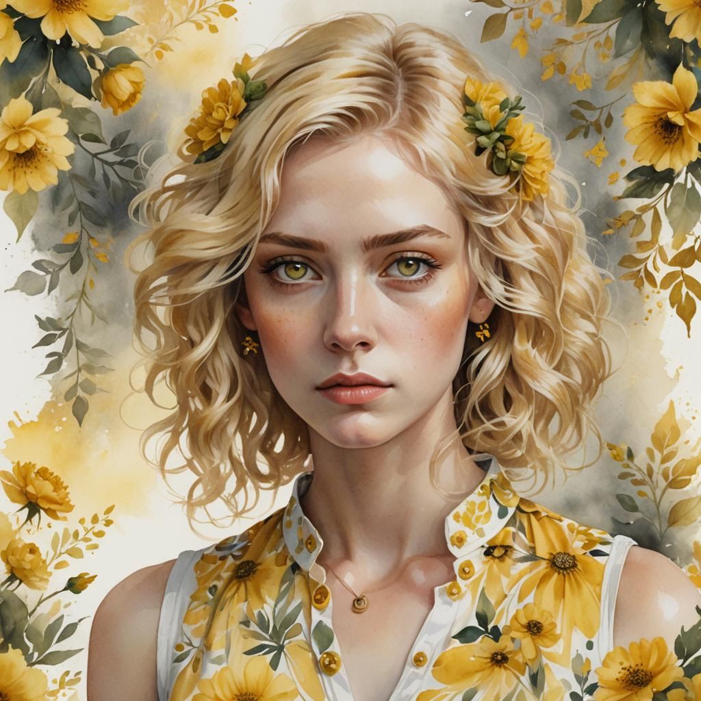 Ethereal Blonde Woman Portrait in Watercolor Style