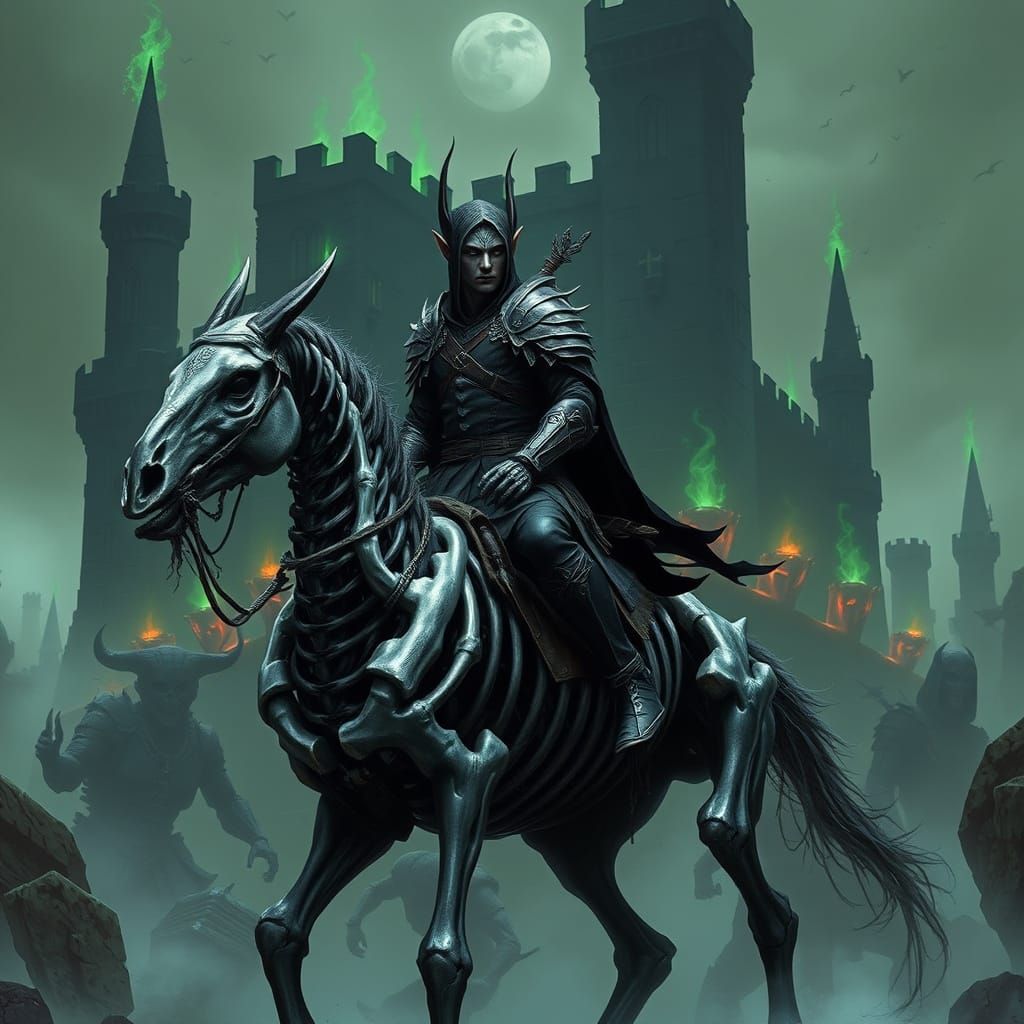 Dark Elf Warrior on a Bony Horse Beside a Black Castle of Gr...