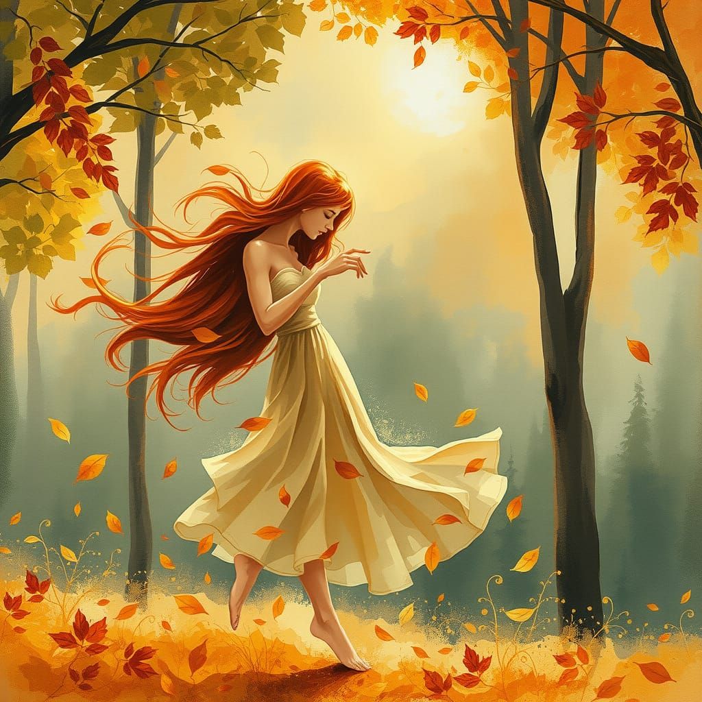 Ethereal Woman Made of Autumn Leaves in Impasto Style