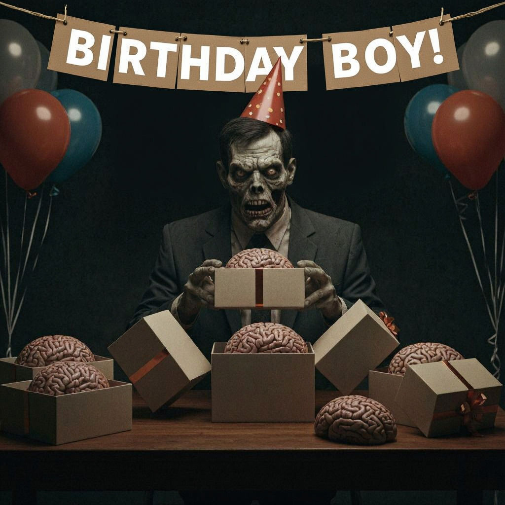 Unenthusiastic Zombie Unwraps Brain Gift At Birthday Party