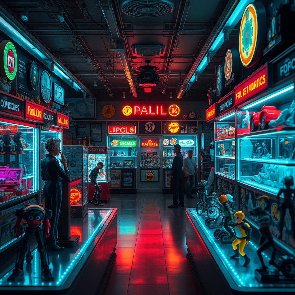 Futuristic Toy Store Shelf Lit Cinematically