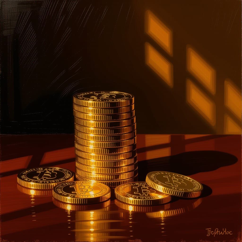 Impasto Oil Painting of Gold Coins on Office Table