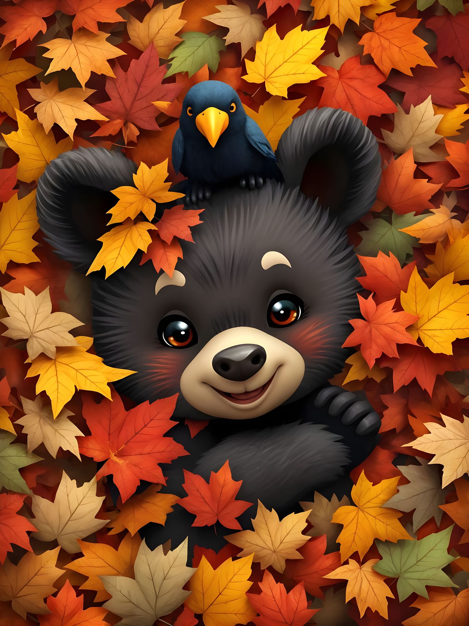 Cute Bear Cub Hiding in Autumn Leaves with Crow