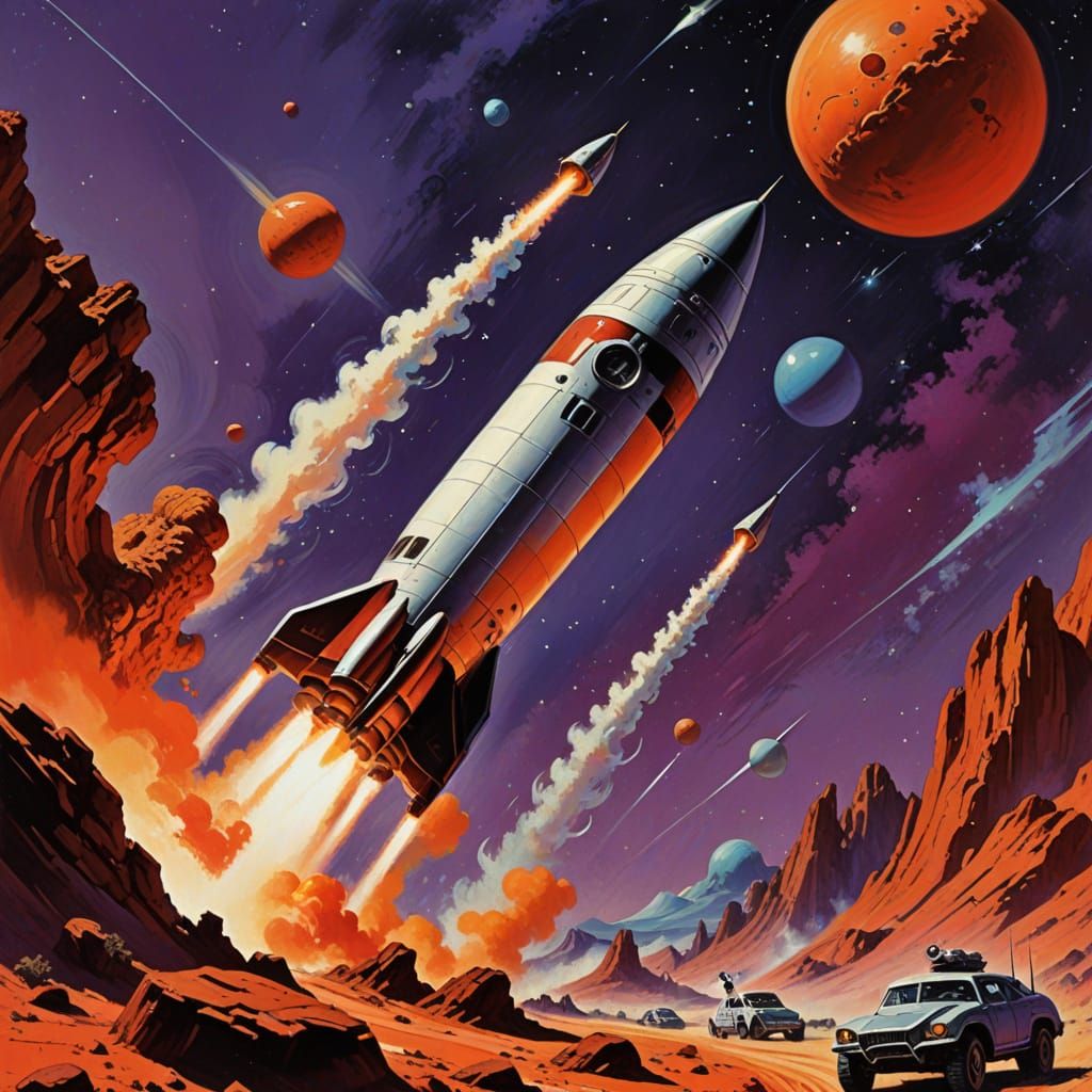 Retro Rocket Blasts Off in Pulp Art Style